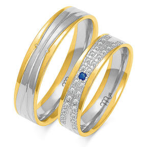Vestuviniai žiedai su bangelėmis ir mėlynu akmeniu
