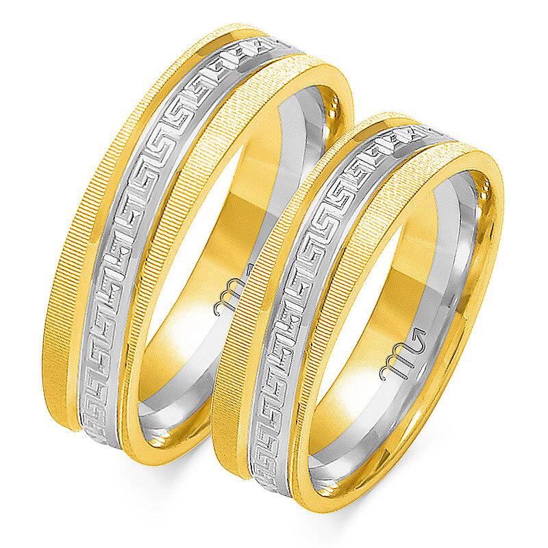 Vestuviniai žiedai su blizgančia linija su senoviniais raštais