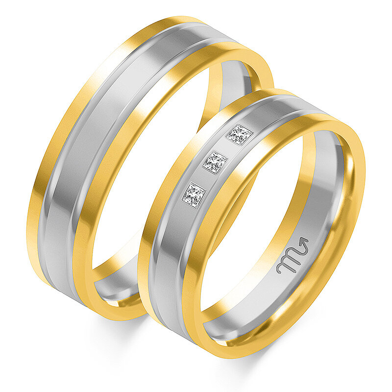 Vestuviniai žiedai su blizgančiomis dekoratyvinėmis linijomis