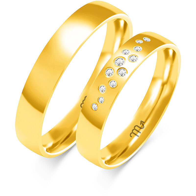 Vestuviniai žiedai su blizgiais vienspalviais akmenėliais