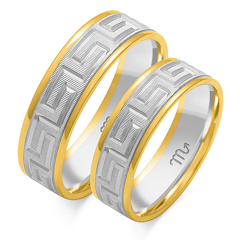 Vestuviniai žiedai su blizgiomis linijomis ir senoviniais raštais