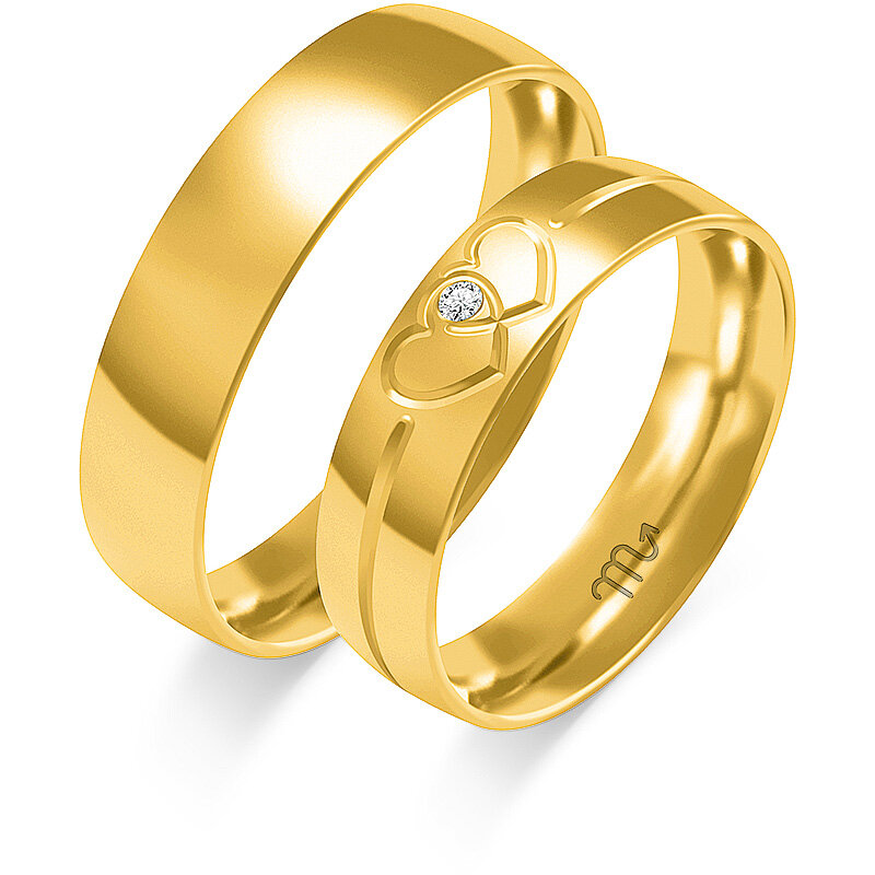 Vestuviniai žiedai su dviem širdelėmis ir akmeniu