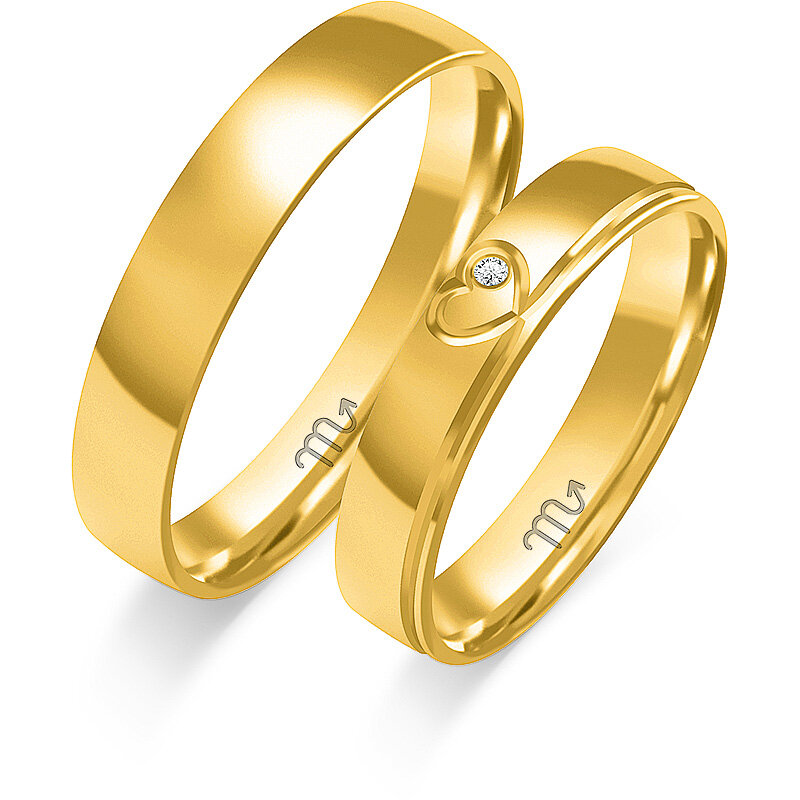 Vestuviniai žiedai su širdele ir pusiau apvaliu profiliu