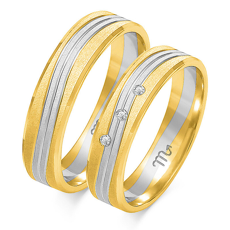 Vestuviniai žiedai sujungti su trimis akmenimis