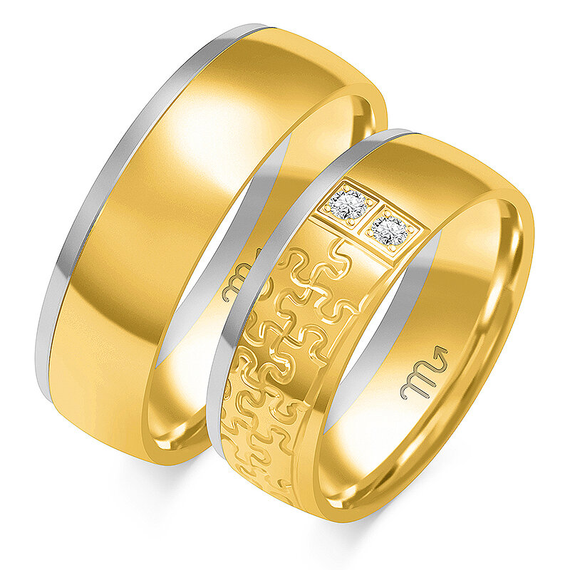 Wedding rings with rhinestones and Puzzle engraving