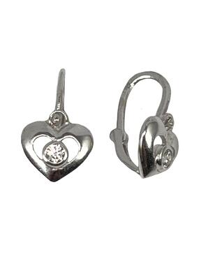 White gold earrings in the shape of a heart with zircons for babies