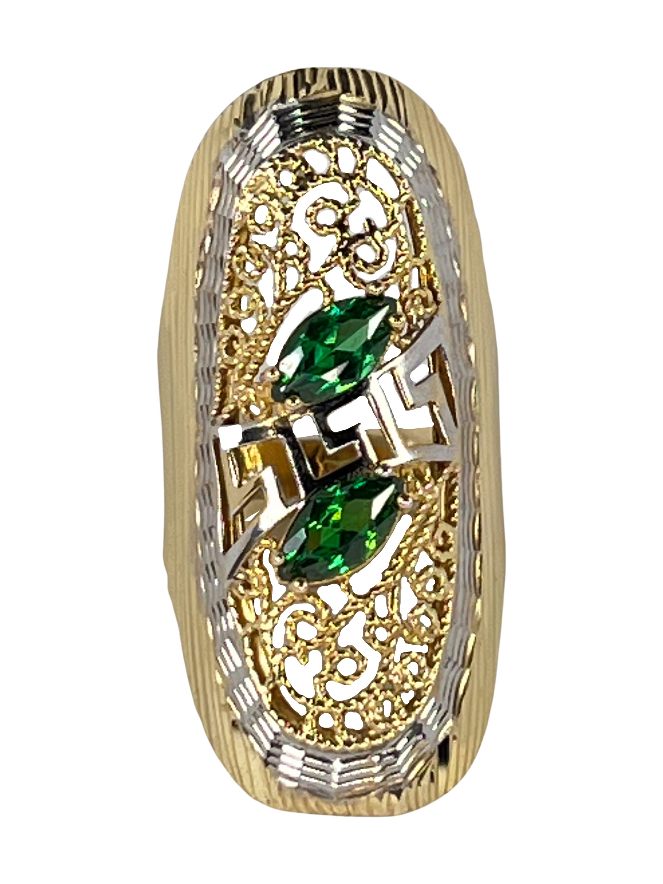 Zelta divkrāsu gredzens ar zaļiem Grenādas cirkoniem