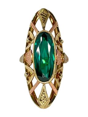 Zelta divkrāsu gredzens ar zaļu cirkonu Baroko III.