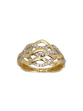 Златен пръстен с лъскави линии и циркони