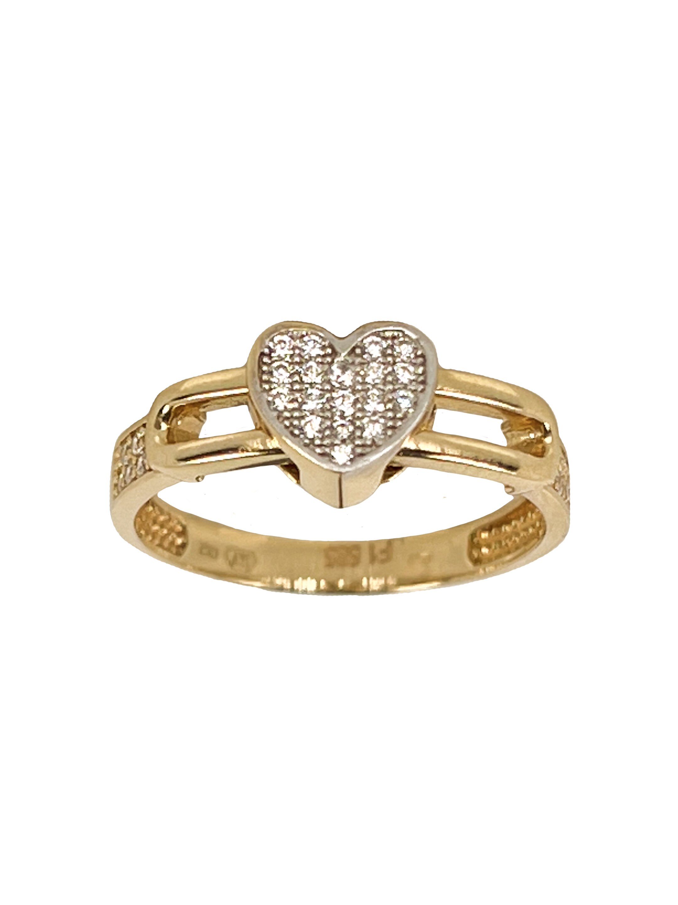 Златен пръстен със сърце и циркони