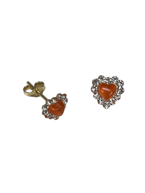 Златни обеци сърце с оранжев слънчев камък и циркони