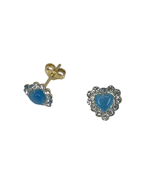 Златни обеци сърце със син лунен камък и циркони
