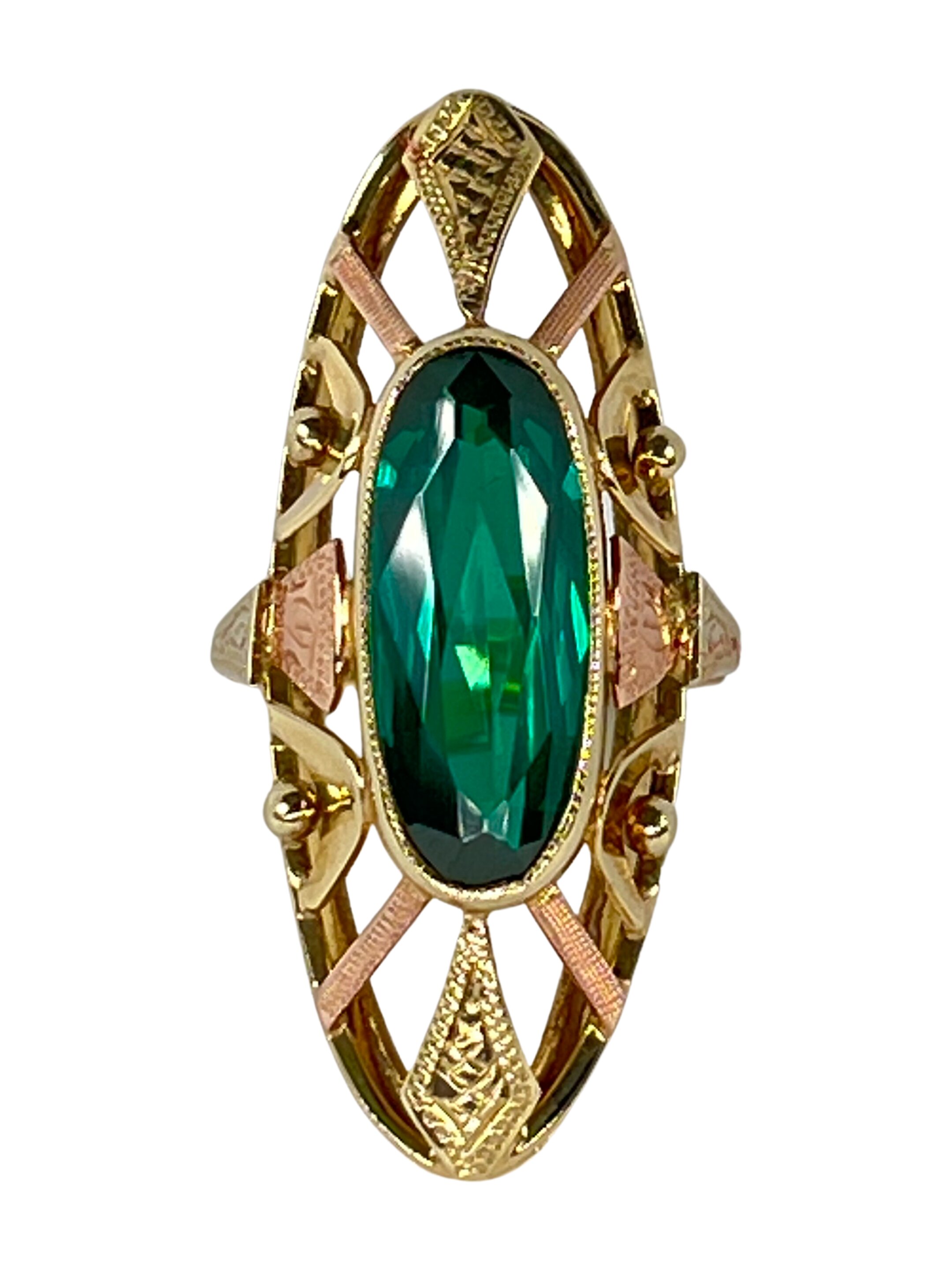 Zlatý dvoubarevný prsten se zeleným zirkonem Baroko III.