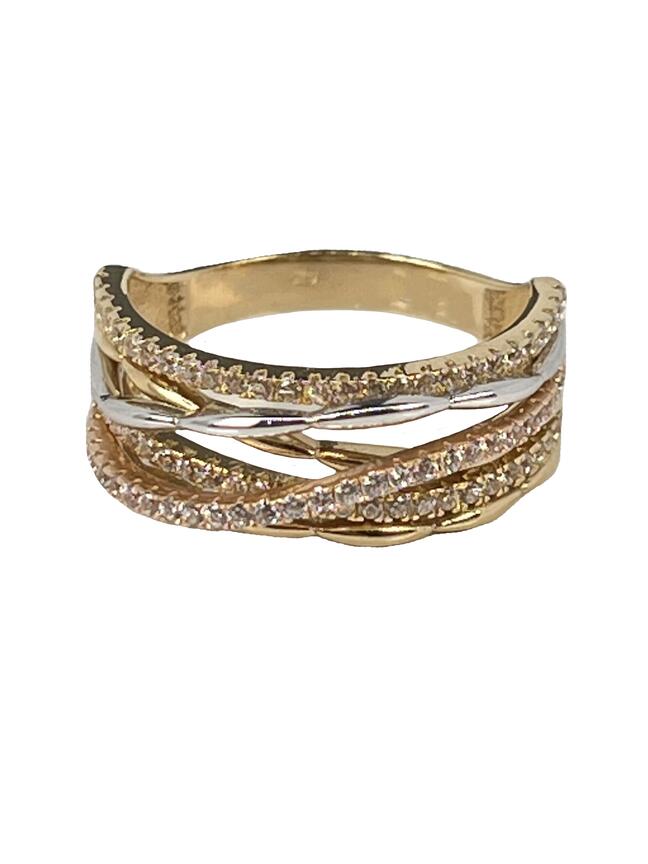 Zlatý vícebarevný prsten se zirkony