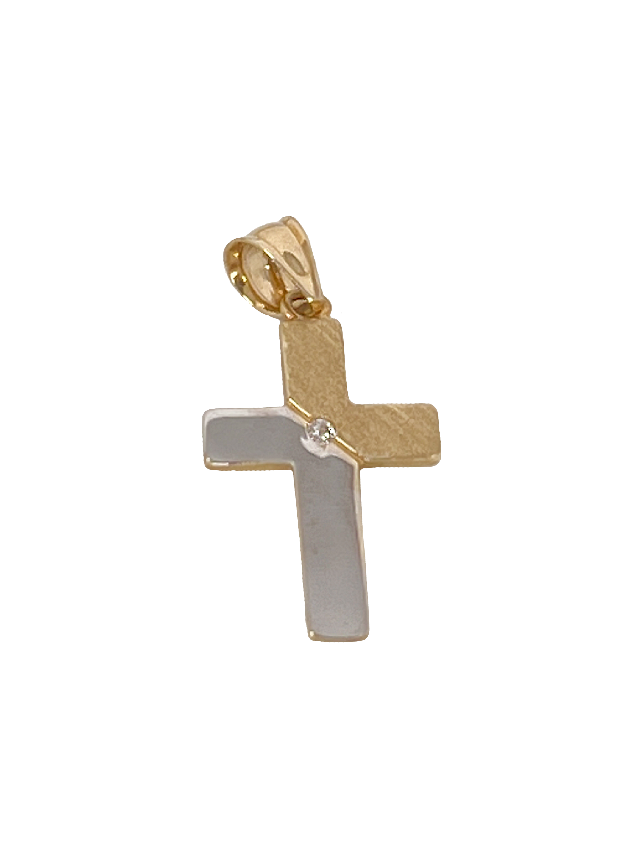 Złoty krzyżyk wykonany z połączenia złota z cyrkonią